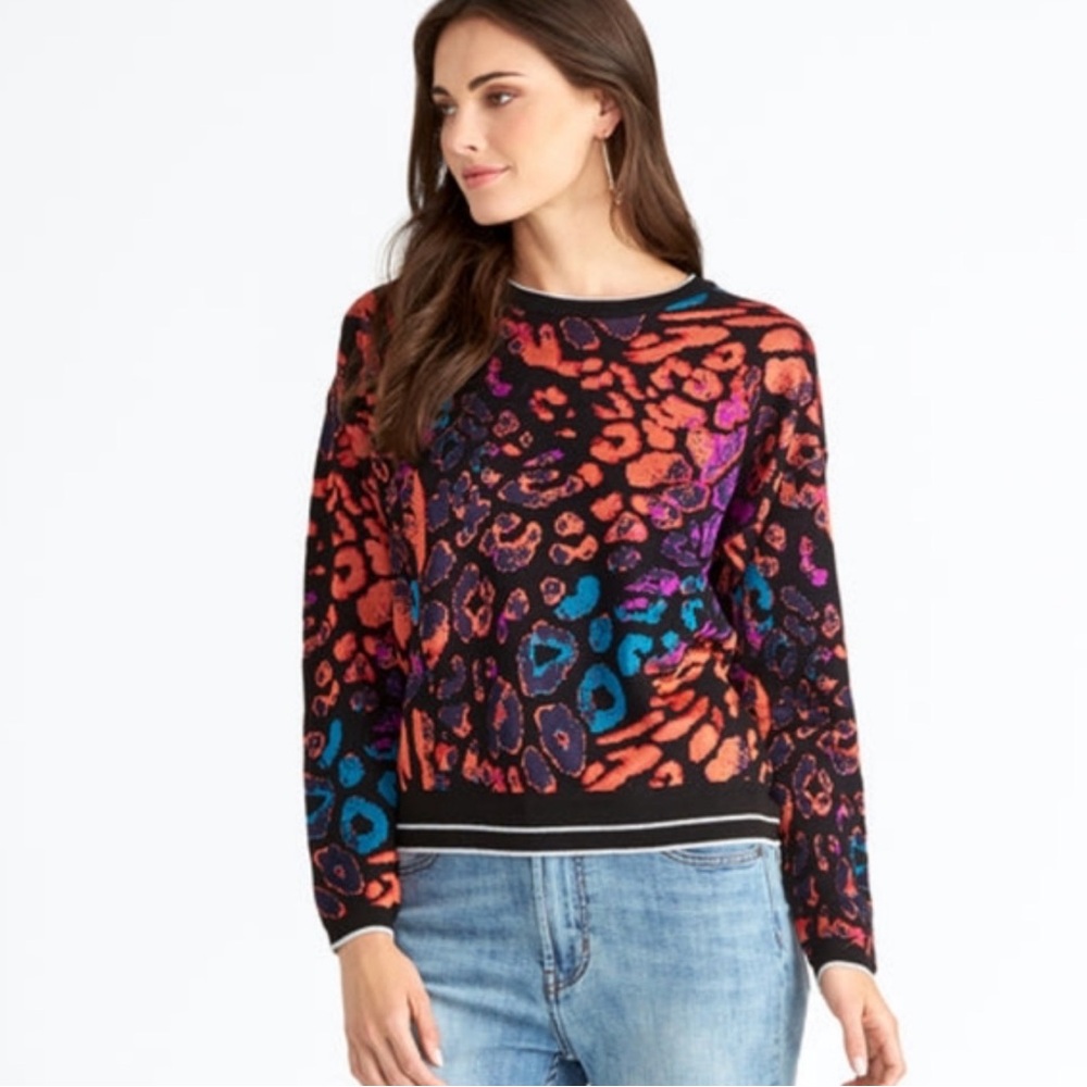 Rachel Roy Multicolor Animal Print Sweater Bold Leopard Crewneck XL Statement